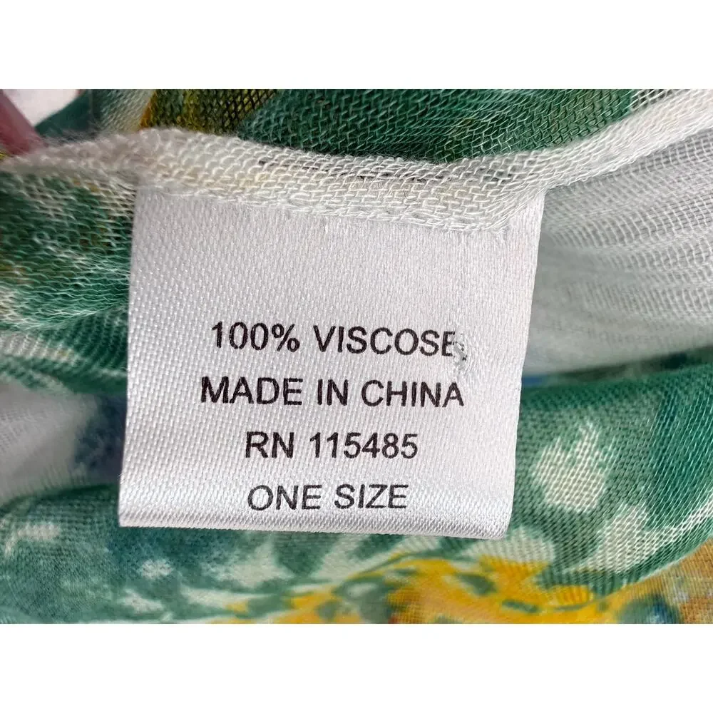 Tropical Floral Tassel Scarf Blue Green 100% Viscose Wrap 72 x 30 Resort